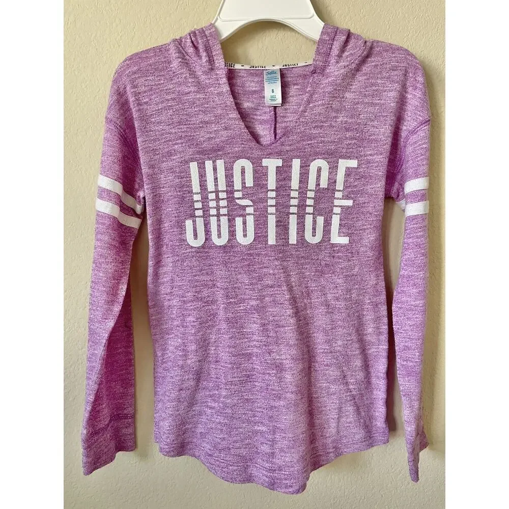 Justice Purple Stripe Trim Sparkle Logo Graphic Girls Pullover Hoodie Top Size 8
